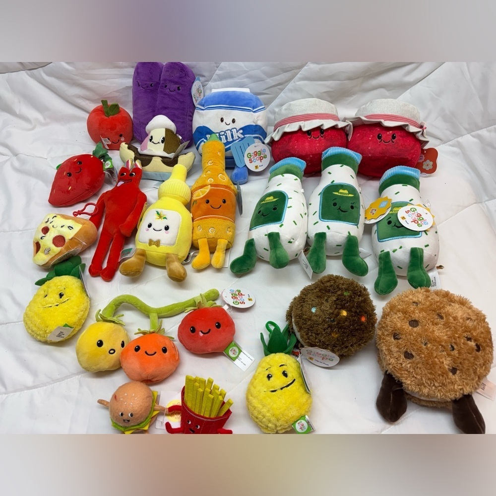 Bundle of 20 New Colorful Plush Toy Set for Kids- fun foods etc! Cute stuffies